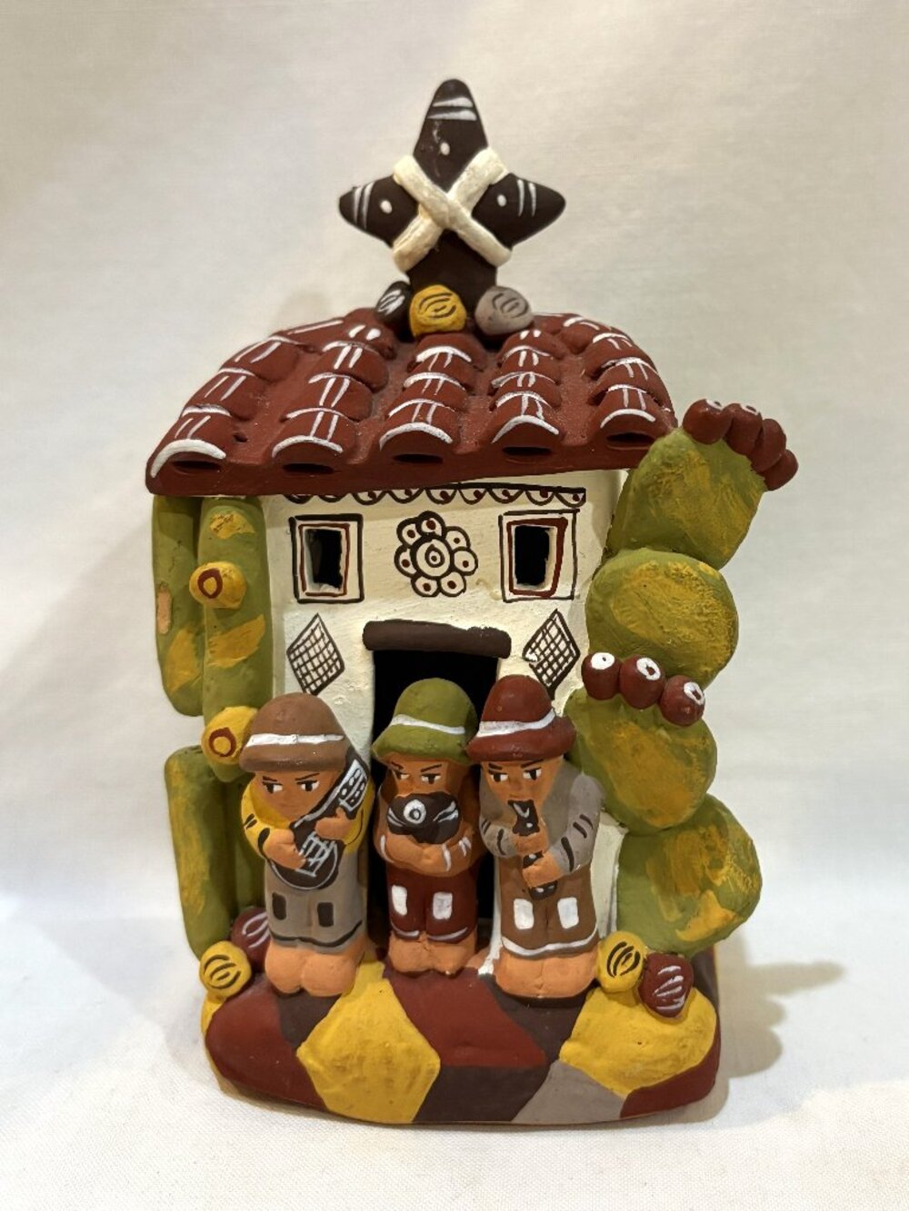 Peruvian Terra Cotta Folk Art Pottery Church and Musician Figurine